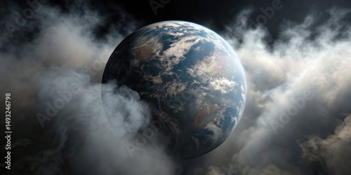 A stunning view of Earth surrounded by clouds, showcasing the planet's curvature and atmospheric layers in a dramatic space setting.