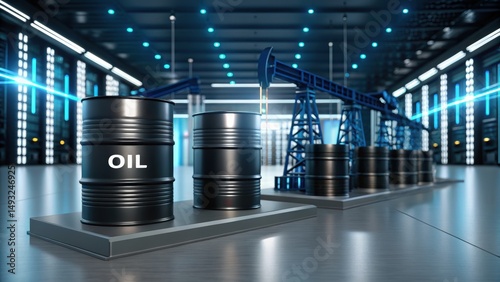 Industrial scene featuring oil barrels and a drilling rig, representing the oil industry and energy production.