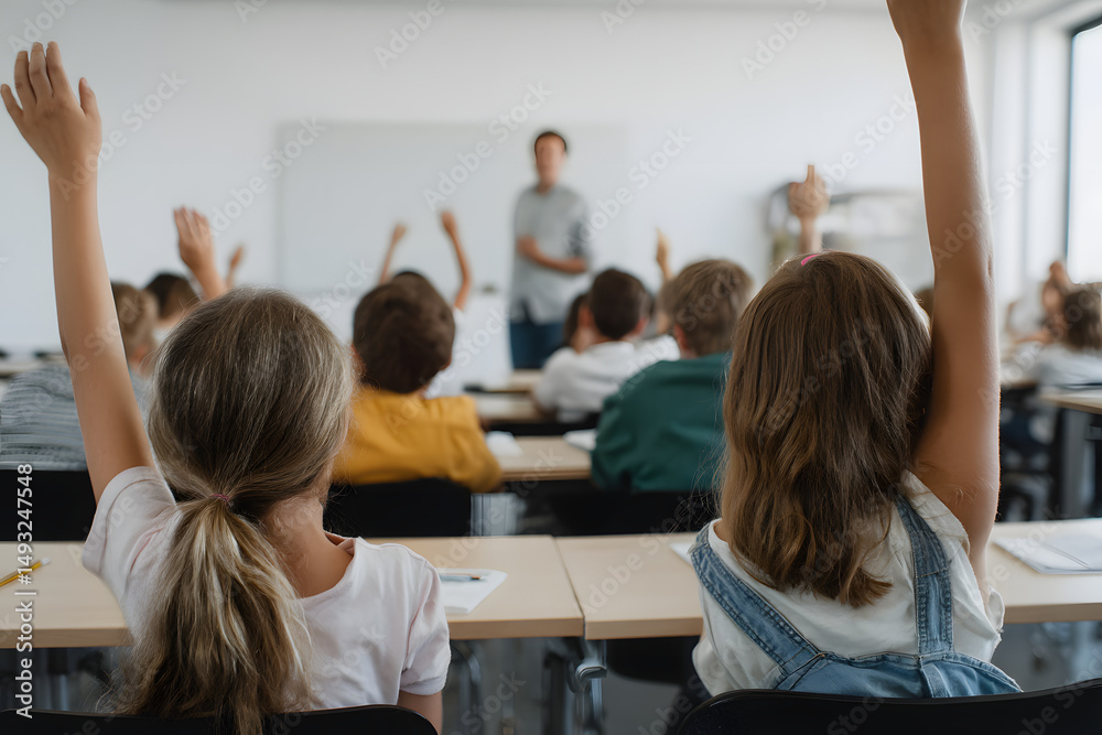 Fototapeta premium Students Raising Hands in Class