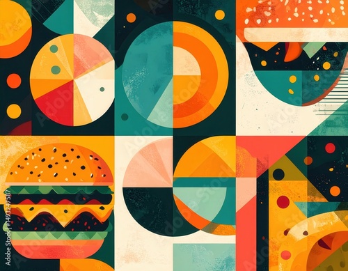 This artwork features colorful geometric shapes inspired by various fast food elements.