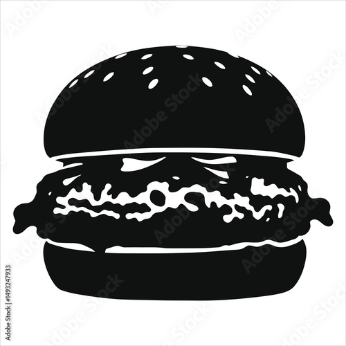 Simple Black and White Hamburger vector silhouette/This is a bold, black and white silhouette of a hamburger.