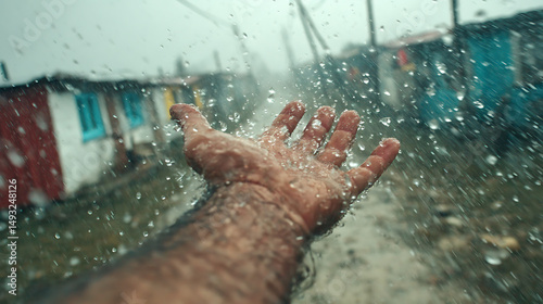 Cinematic First-Person Shot of Hand Reaching into the Rain in a Quiet Mountain Town – Emotional Moody Scene with Realistic Lighting and Dramatic Atmosphere