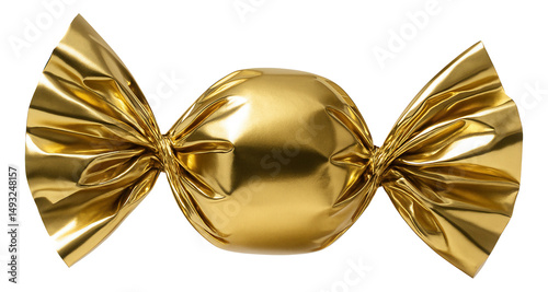 Shiny golden wrapped candy with twisted ends, creating a reflective and luxurious appearance on transparent background.