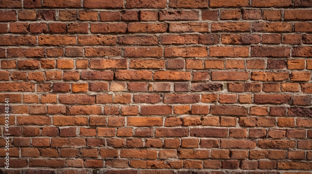 Obraz premium High resolution red brick wall background with detailed texture and horizontal view, showcasing rustic architectural style and natural warm tones for versatile design use.