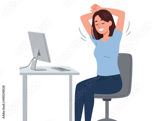 Relaxation Moment: Woman Stretching While Sitting at Desk in Minimal Flat Vector Style