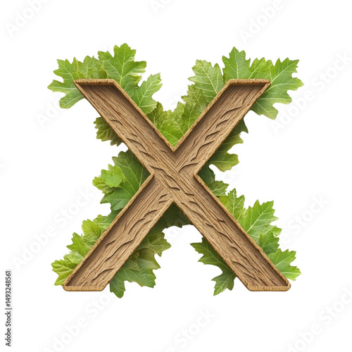 Large Wooden Letter X with Green Fresh Leaves Behind on White Background for Nature and Eco Design