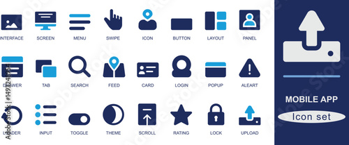 Modern mobile app UI icon set featuring screen, login, button, swipe, menu, tab, search, popup, layout, upload, theme, and interface icons.