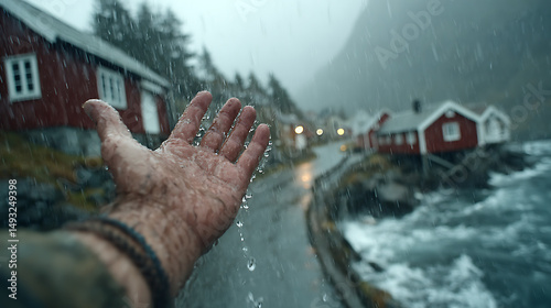 Cinematic First-Person Shot of Hand Reaching into the Rain in a Quiet Mountain Town – Emotional Moody Scene with Realistic Lighting and Dramatic Atmosphere