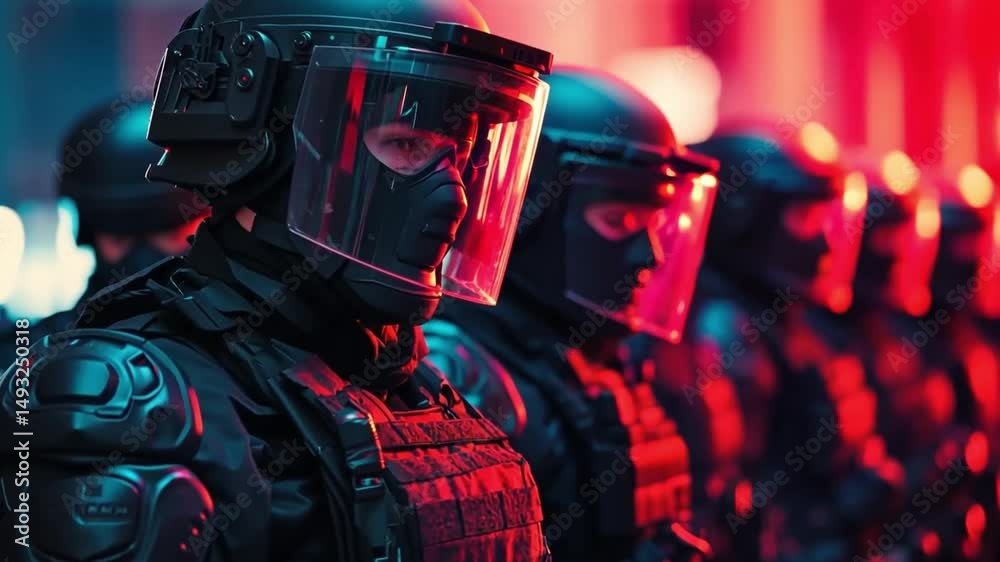 A striking visual of riot police in formation. This footage showcases the intensity of modern urban security. Ideal for news, documentary, or educational purposes. Generative AI