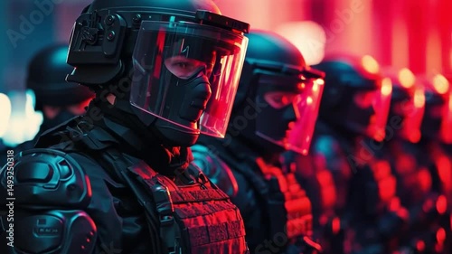 A striking visual of riot police in formation. This footage showcases the intensity of modern urban security. Ideal for news, documentary, or educational purposes. Generative AI