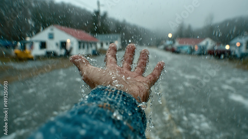 Cinematic First-Person Shot of Hand Reaching into the Rain in a Quiet Mountain Town – Emotional Moody Scene with Realistic Lighting and Dramatic Atmosphere