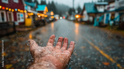 Cinematic First-Person Shot of Hand Reaching into the Rain in a Quiet Mountain Town – Emotional Moody Scene with Realistic Lighting and Dramatic Atmosphere
