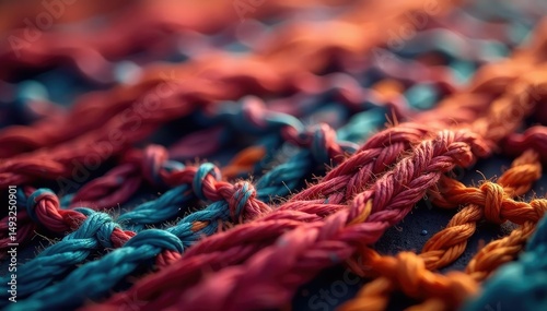Intricate woven fabric, rich colors, slight depth of field, modern, organic, elegant