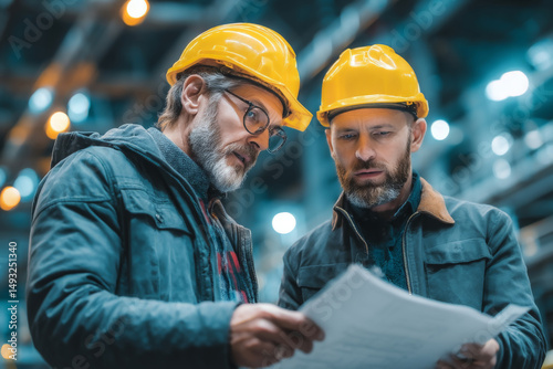 Small business owner in hard hat reviews plans with tech consultant on factory floor, mixed attire, cool tones, wide shot from side.