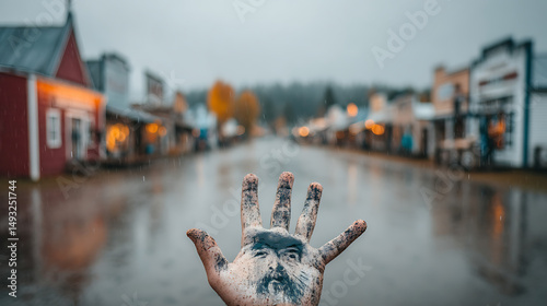 Cinematic First-Person Shot of Hand Reaching into the Rain in a Quiet Mountain Town – Emotional Moody Scene with Realistic Lighting and Dramatic Atmosphere
