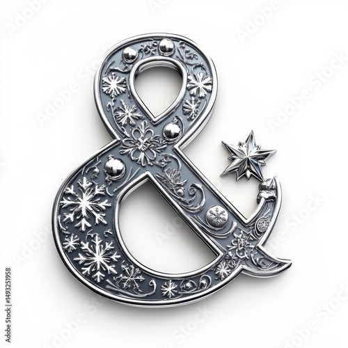 Ornate Silver Ampersand with Snowflakes and Star Detail on White Background