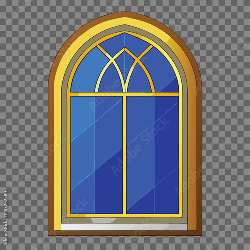 Adobe Illustrator Artwork 3D Render of Arched Window with Gold Frame and Blue Glass PNG Transparent Background