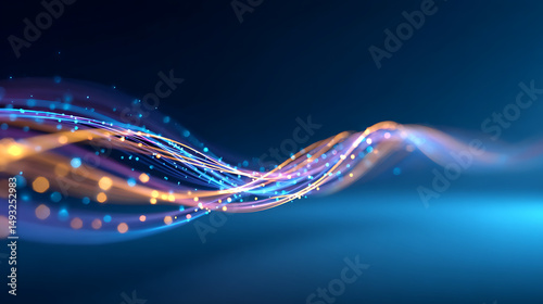 Abstract neon wave lines forming a dynamic loop, with a smooth digital art style, set on a dark blue background, representing a concept of flow and connectivity. 3D Rendering 95010474 2