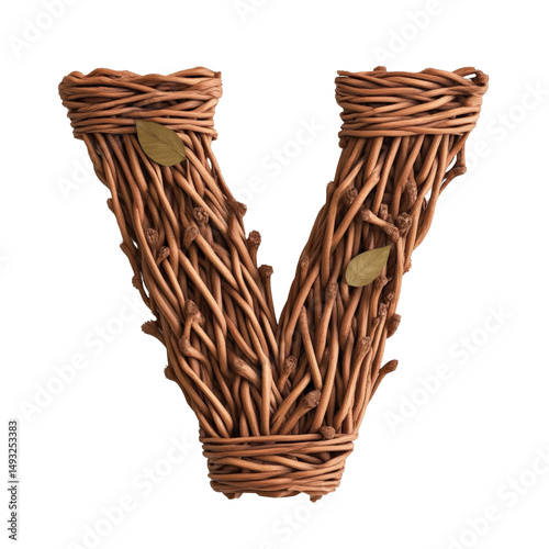 Creative letter V made from intertwined natural wicker twigs with small green leaves for botanical design