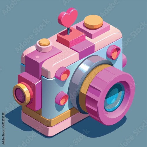 Three dimensional render of picture of old-fashionedcamera floating with various bubbles against pink background