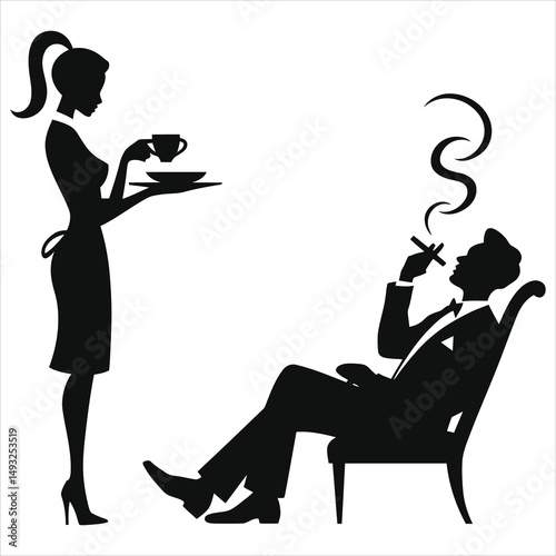 Vector Silhouette of a woman serving coffee and a man smoking in a chair./A stylish black and white silhouette image depicts a woman serving coffee on a tray to a seated man smoking a cigar.