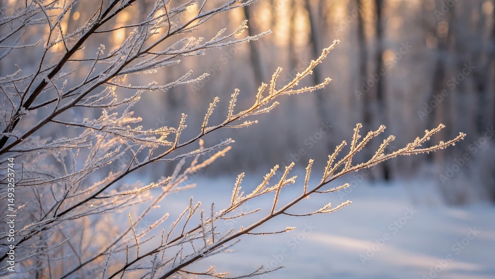Obraz premium winter border foliage white Concept. Frost-covered branches in a tranquil winter landscape.