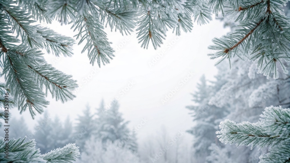 winter border foliage white Concept. Frosted pine branches frame a snowy, misty landscape. winter border foliage white Concept. Frosted pine branches frame a snowy, misty landscape.
