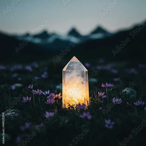 Illuminated Crystal Point in a Mountain Meadow at Dusk Serene nature scene with wildflowers