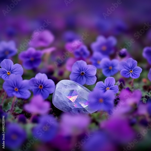 Serene Amethyst Gemstone Resting Amongst Vibrant Purple Pansies in a Spring Meadow