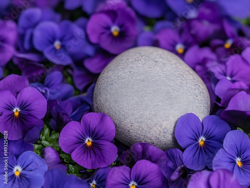 Serene grey stone nestled amongst vibrant purple pansies A peaceful nature scene