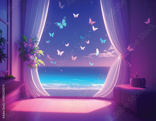 Adobe IlluSummer holiday and vacations in cartoon style.  An open window with butterflies against the backdrop of a sunny summer tropical landscape.strator Artwork