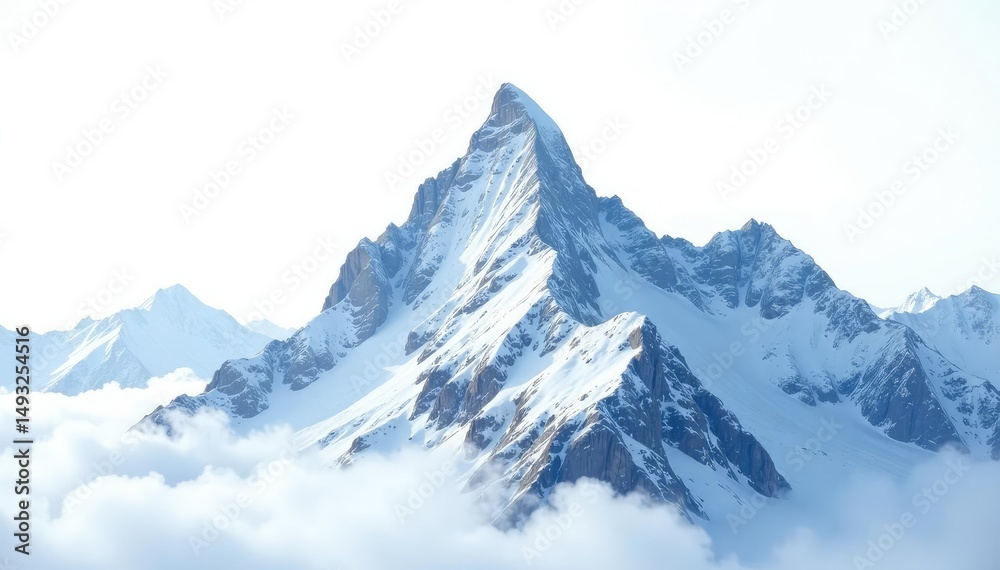 Obraz premium Snow-covered mountain peak against a stark white sky, cold, panorama, environment