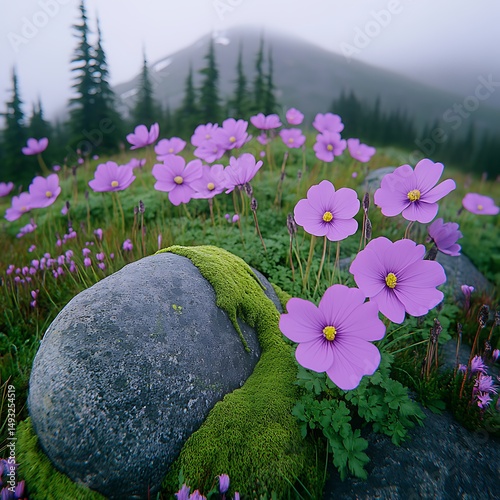 Vibrant Purple Wildflowers Blooming Near Mossy Rocks and Mountain Background