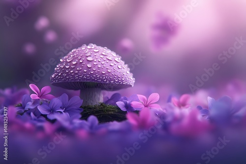 Purple Dew Kissed Mushroom in a Field of Purple Flowers A magical scene of fantasy nature