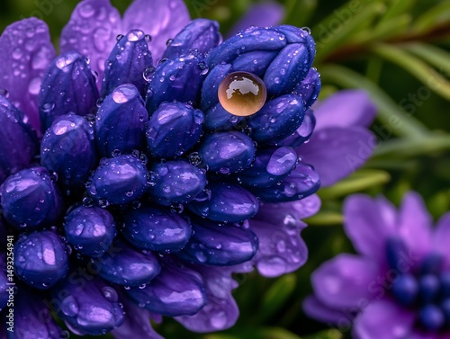 Stunning Close up of Dew Covered Purple Flower Petals with a Water Droplet
