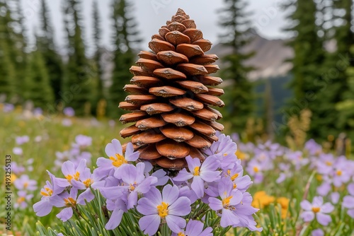 Majestic Pine Cone amidst Blooming Alpine Flowers in Mountain Meadow