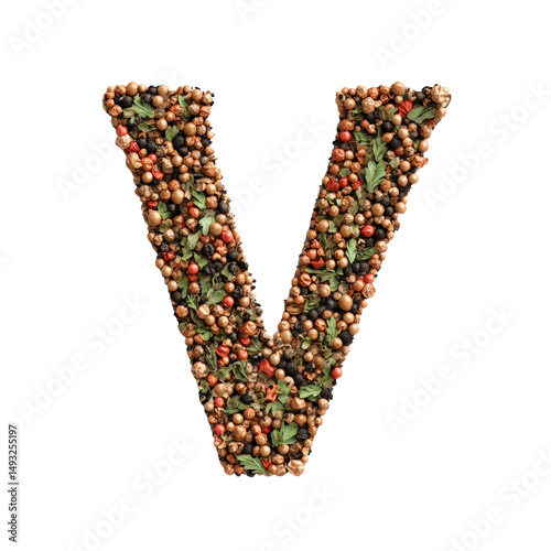 Letter V made from colorful mixed peppercorns and herbs on a white background for creative food art