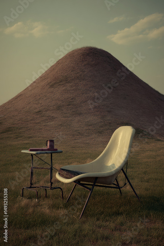 Minimalist chair in a surreal landscape with a single hill and moody light, evoking solitude, balance and symbolic presence in an imagined natural space.