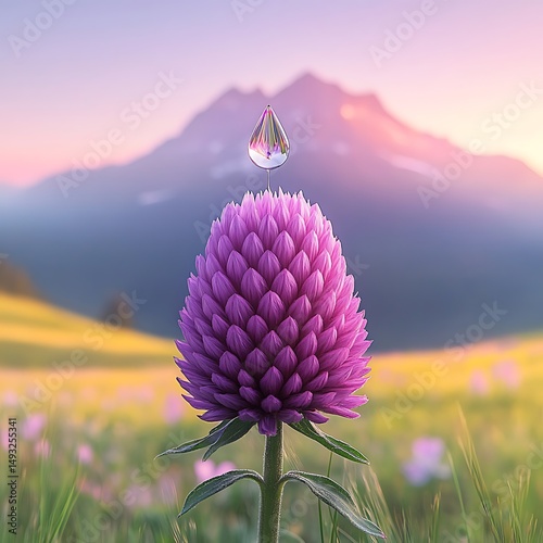Serene Purple Flower with Dewdrop in Mountain Meadow at Sunrise