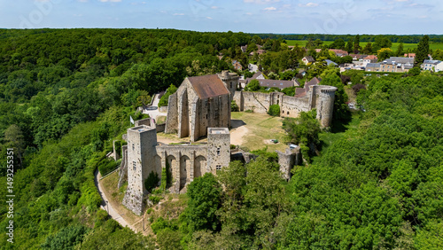 Aerial view of the Château de la Madeleine (Madeleine Castle) overlooking the village of Chevreuse in the French department of Yvelines in the capital region of Ile-de-France near Paris
