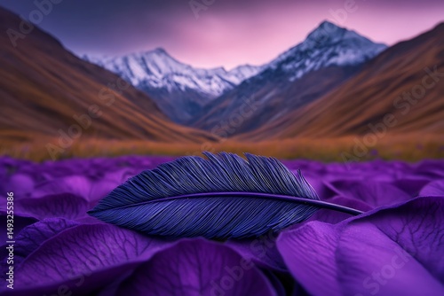 Single Dark Purple Feather Resting on Vibrant Purple Petals Against Majestic Mountain Range