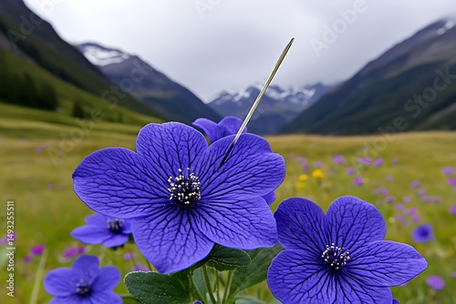 Vibrant Purple Alpine Flowers Blooming in a Mountain Meadow Stunning Nature Scene