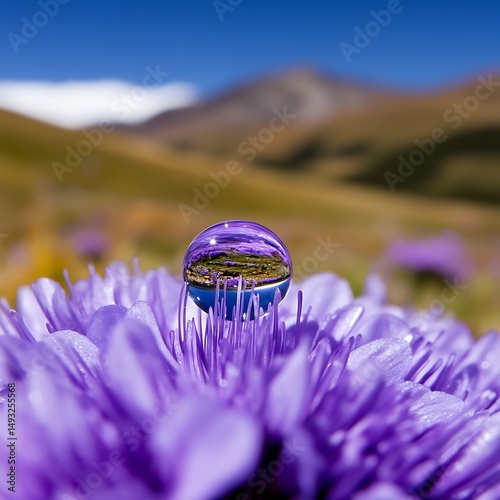 Water Droplet Reflecting Mountain Landscape on Purple Flower A Stunning Nature