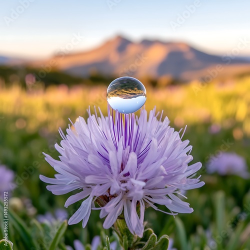 Waterdrop on Purple Flower Reflecting Mountain Landscape at Sunset