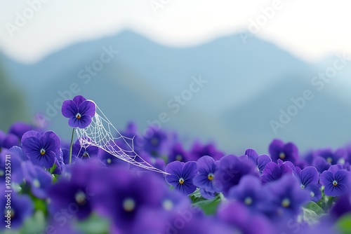 Delicate Spiderweb Draped Over Vibrant Purple Pansies in a Serene Mountain Landscape