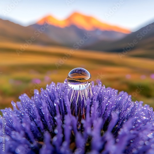 Dewdrop on Purple Flower Reflecting Mountain Sunrise Landscape