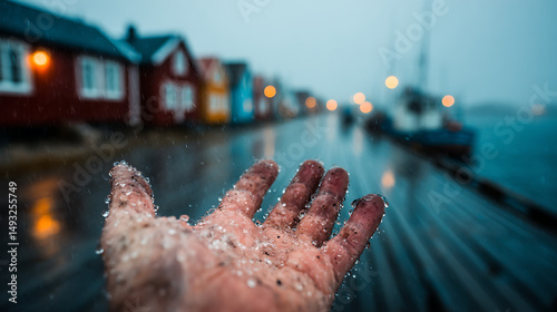 Cinematic First-Person Shot of Hand Reaching into the Rain in a Quiet Mountain Town – Emotional Moody Scene with Realistic Lighting and Dramatic Atmosphere
