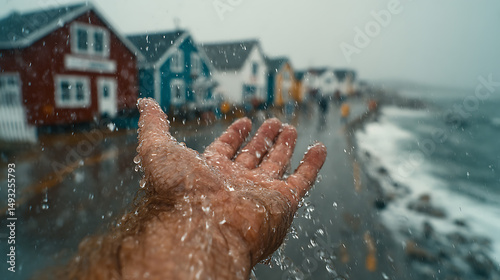 Cinematic First-Person Shot of Hand Reaching into the Rain in a Quiet Mountain Town – Emotional Moody Scene with Realistic Lighting and Dramatic Atmosphere