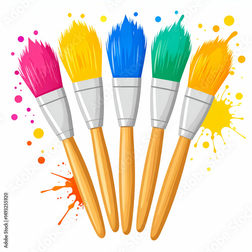 A colorful illustration of five paintbrushes with vibrant paint strokes in pink, yellow, blue, green, and orange. The brushes are arranged in a row with splashes and dots.
