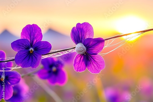 Vibrant Purple Flowers at Sunset Nature's Beauty in Golden Hour